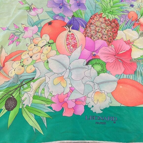 Leonard Paris Floral and fruit Silk Scarf beautiful - Picture 4 of 6